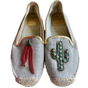 TORY BURCH Santa Fe Espadrille SZ 5 Linen Gold Leather Shoes Cactus Chili Pepper